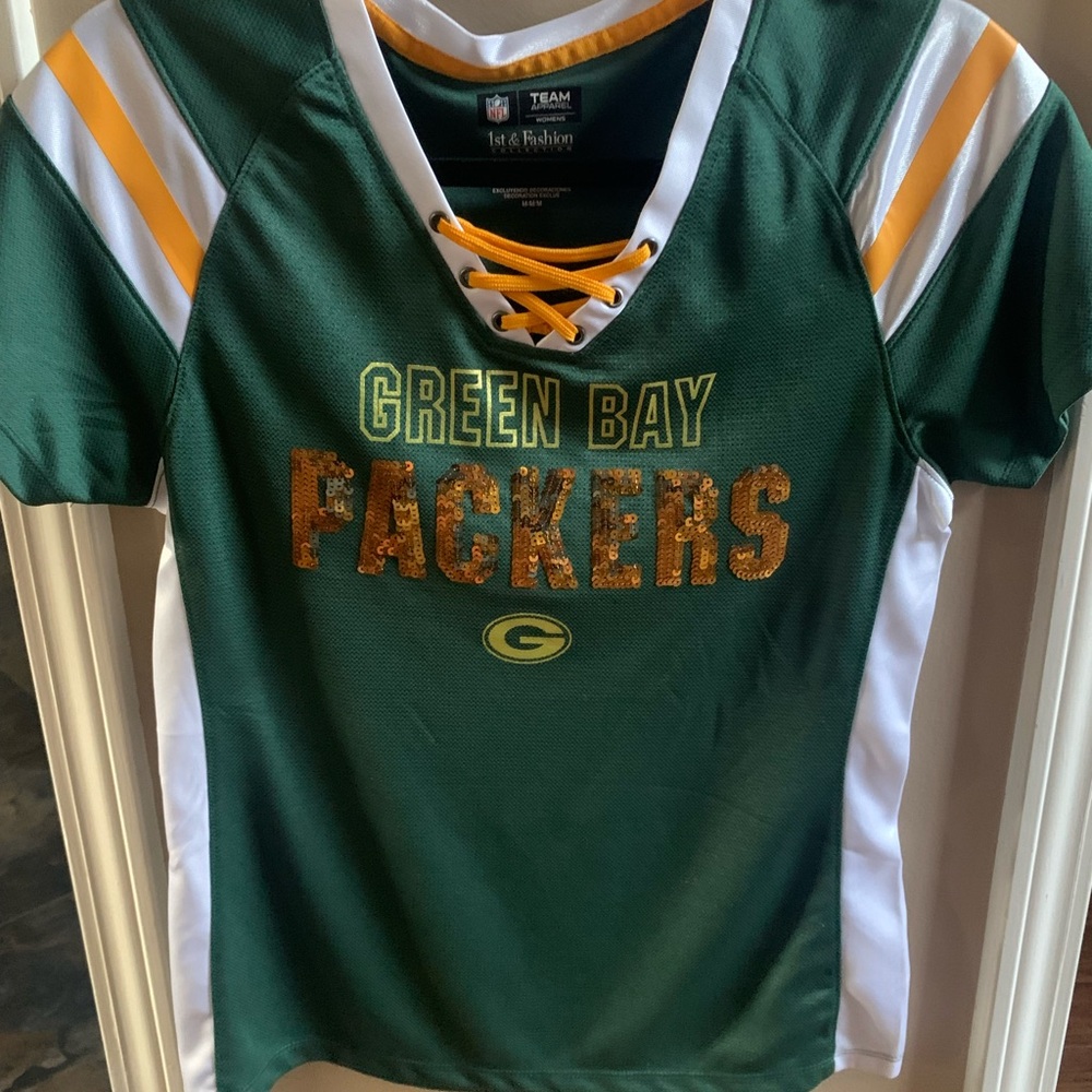 RARE WI Green BAY Packers Sexy Green and Gold Sparkle Jersey Top Size Medium